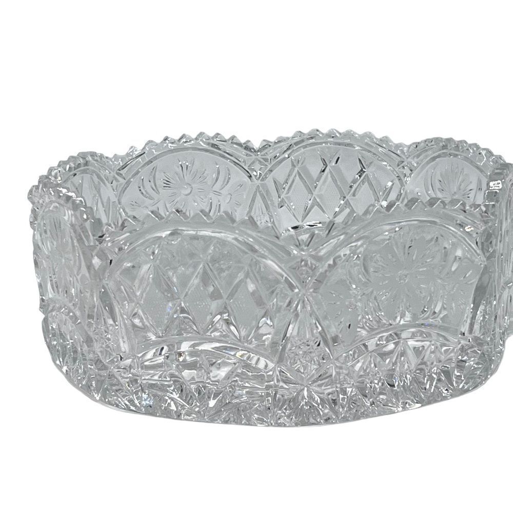 Antique Deeply Cut Crystal Sawtooth Edge Bowl Floral Diamond Design 8x3.5 Heavy